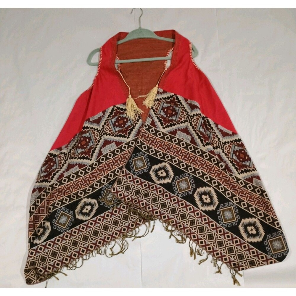 Boho Southwestern Aztec Print Draped Fringe Vest Open Front Shawl Cardigan O/S